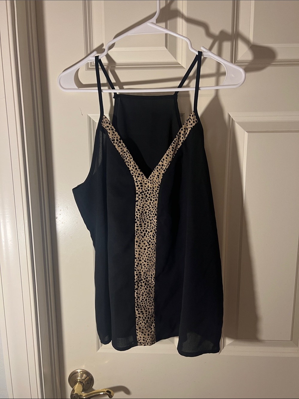 Black Sleeveless V-Neck Cami with Leopard Trim